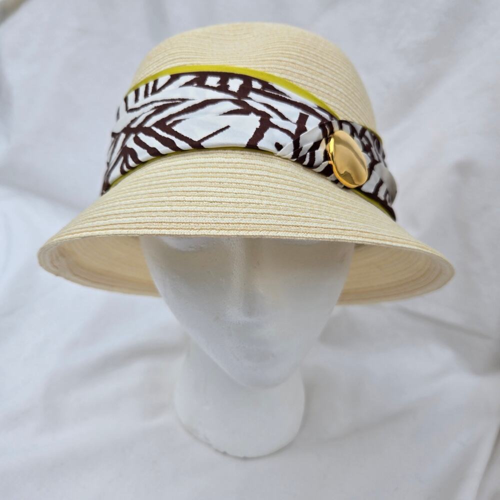 Eugenia Kim Straw Cloche Hat Zebra Silk Print Scarf Detail Gold Tone Accent